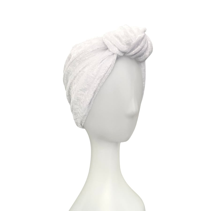 White Wedding Crushed Velvet Turban Hat for Women Vintage Style Head Wrap