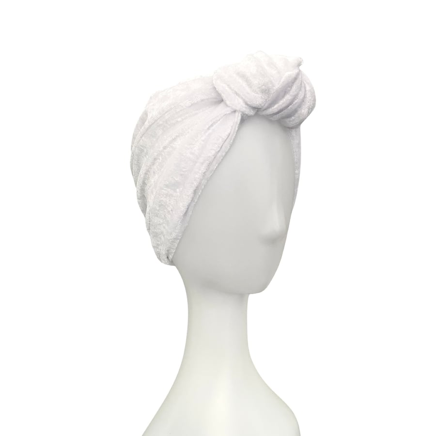 White Wedding Crushed Velvet Turban Hat for Women Vintage Style Head Wrap