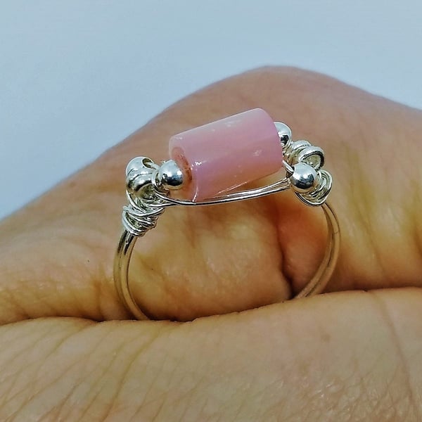 Handmade Pastel Pink Shell Silver Plated Wire Wrapped Ring Size P (size 56)