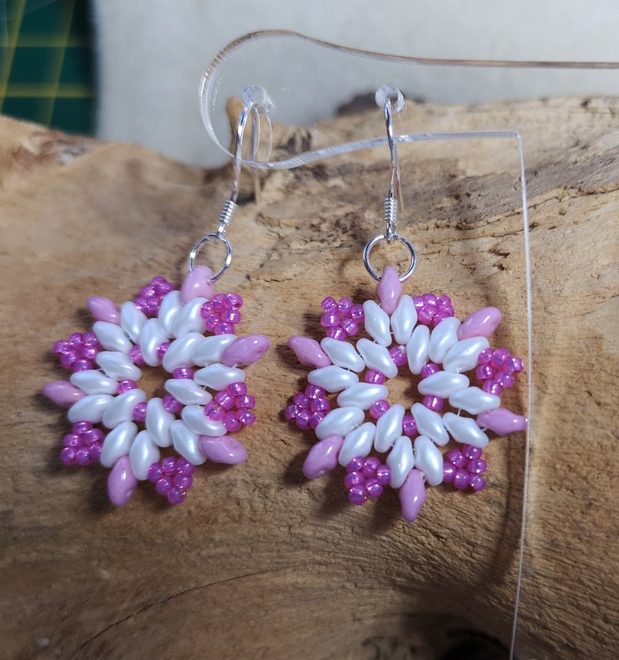 Snowflake pink and white earrings