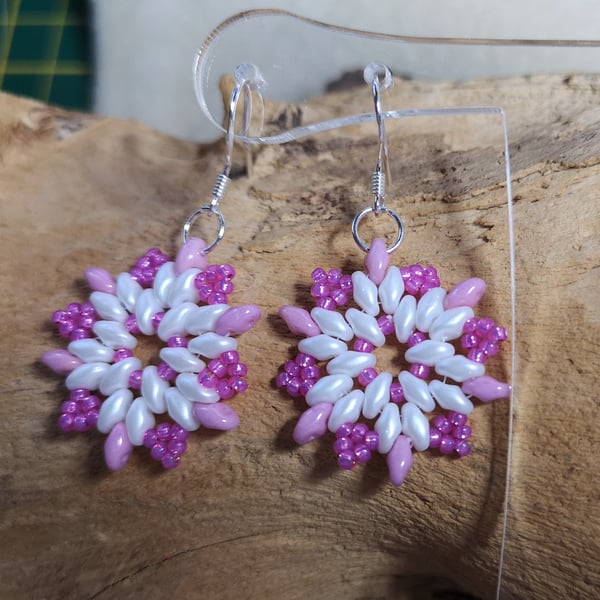 Snowflake pink and white earrings