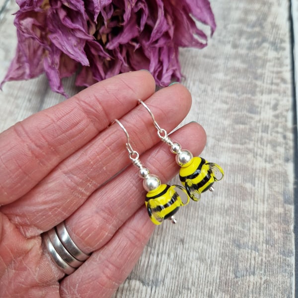 Sterling Silver Yellow and Black Lampwork Glass Bumblebee Earrings