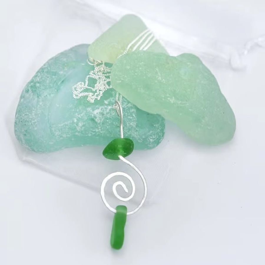 Welsh Sea Glass and Hammered Sterling Silver Necklace