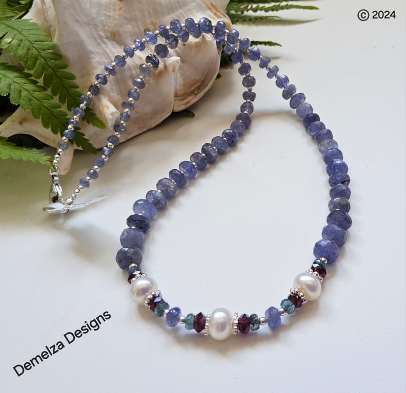 Designer Tanzanite, Kyanite & Garnet, Freshwater Pearls Sterling Silver Necklace