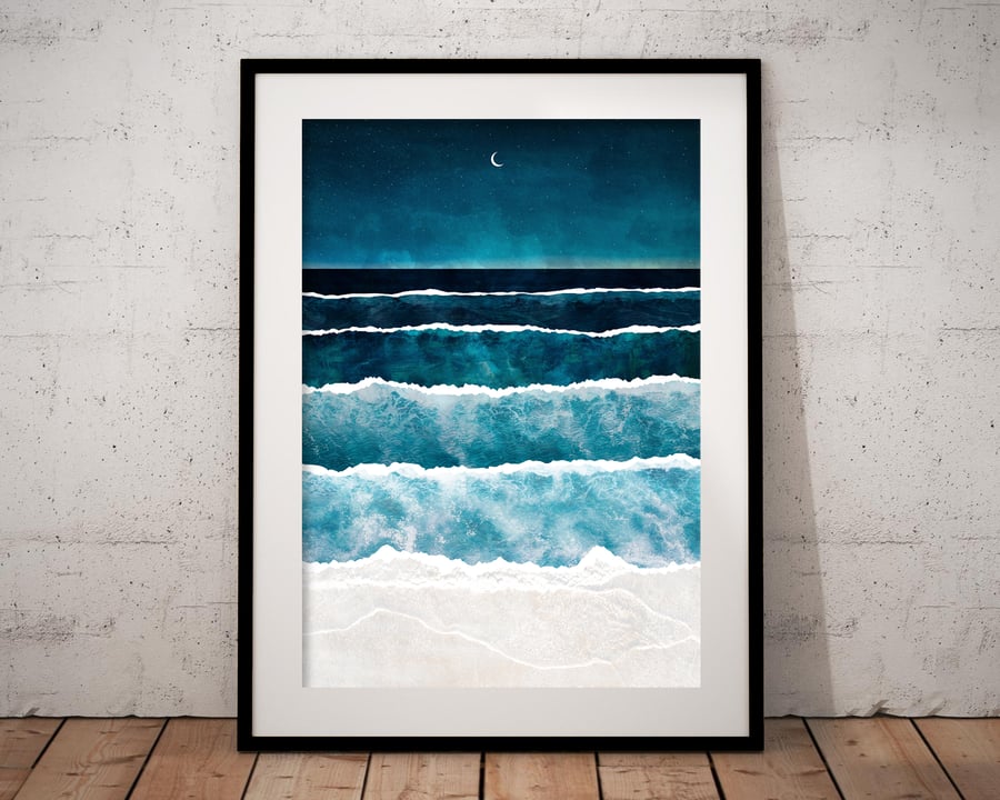 Ocean Print, Sea Waves Print, Night Ocean Poster