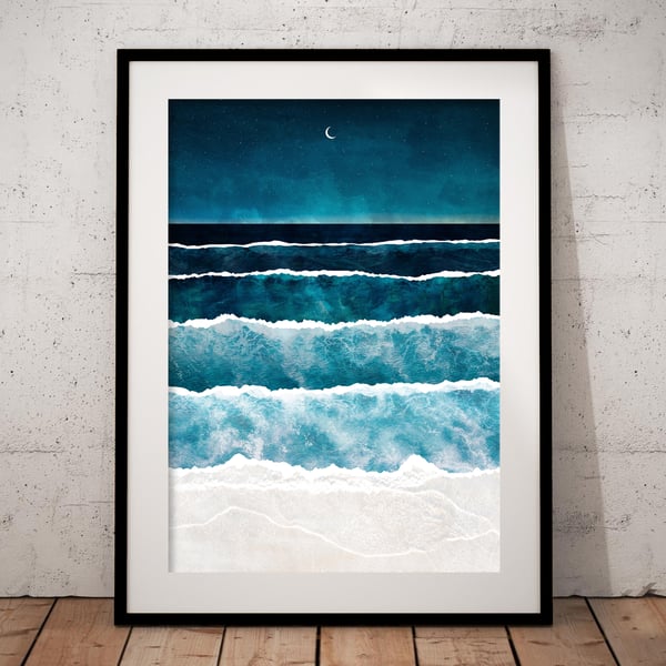 Ocean Print, Sea Waves Print, Night Ocean Poster