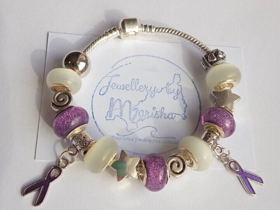 Cancer Awareness Charm Bracelet Purple Ribbon Glitter Jewellery Gift 9" 23cms