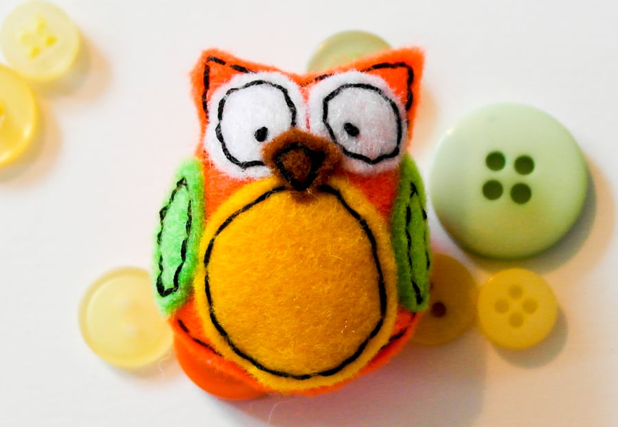 Handmade Felt Owl Brooch - Bird Brooch - Cute yellow, orange  and green Owl