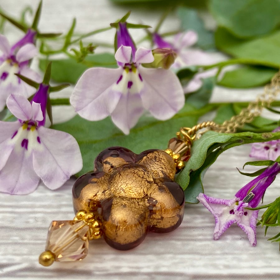 Bronze and gold Flower Necklace. Venetian Murano Glass Daisy Pendant