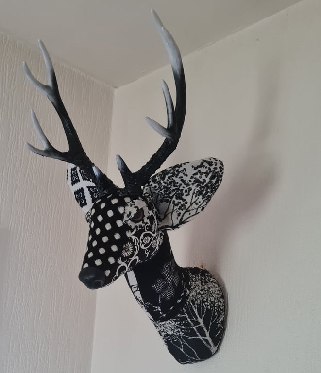 Faux deer head in black and white fabric