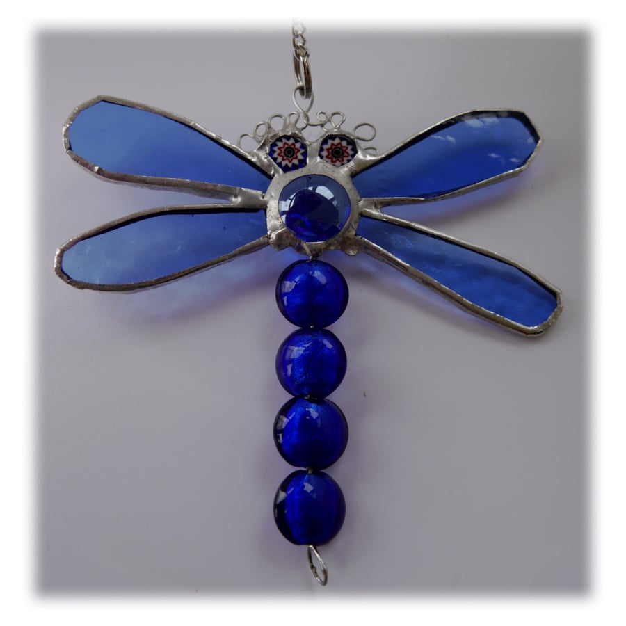 SOLD Dragonfly Suncatcher Stained Glass Blue Bead-Tailed 032