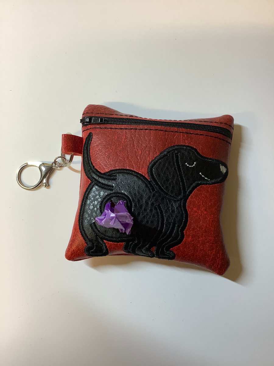Lovely  Dachshund Black Embroidered Red faux leather dog poo bag ,dog walking,
