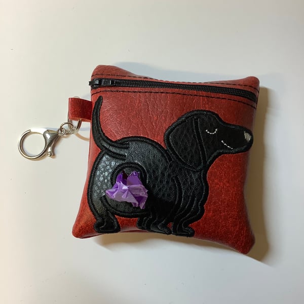 Lovely  Dachshund Black Embroidered Red faux leather dog poo bag ,dog walking,