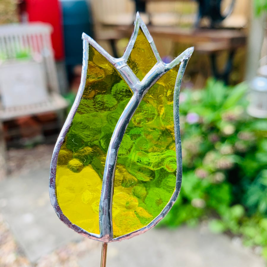 Stained  Glass Tulip Stake Small - Handmade Plant Pot Decoration -  Yellow