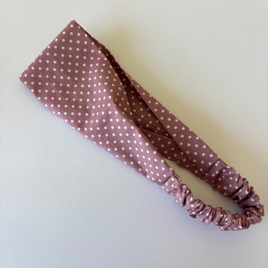 Cotton wide flat headband, yoga headband, in rose pink and cream polka dots