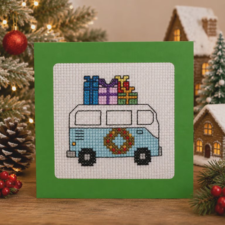 Handmade Cross Stitch Christmas Camper Van Card – 5 x 5 Inch