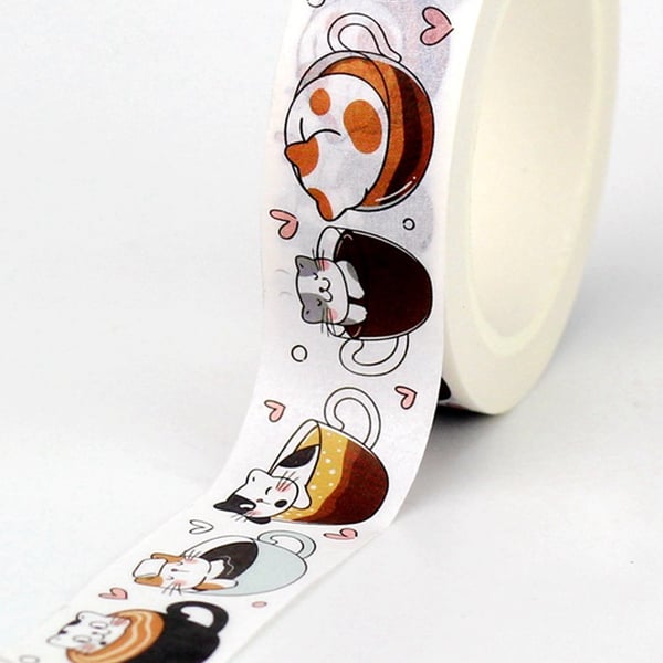2 x Cappuccino Cat pattern, Cute kawaii cats in coffee cups print Washi Tape,10m