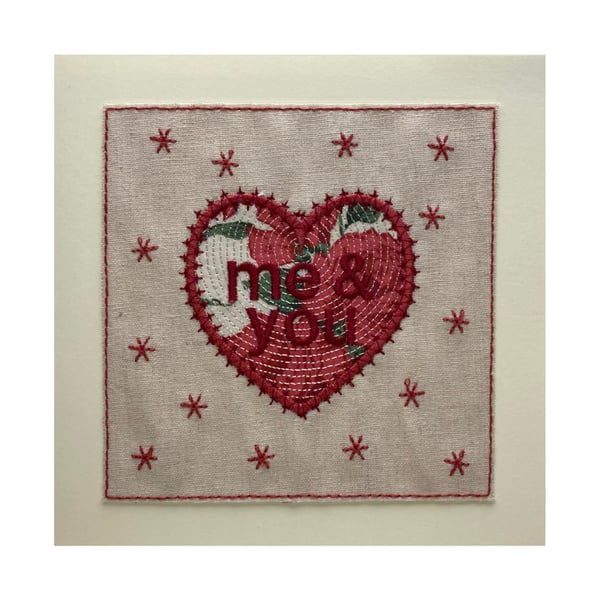 ME & YOU Valentine Card, Red Roses Heart card, Heart Textile Card, Liberty