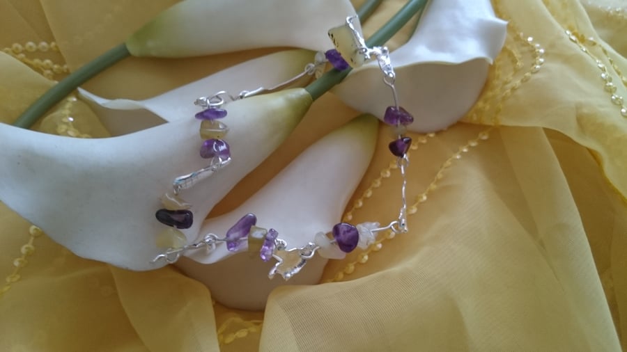 Melted silver, amethyst and yellow opal adjustable bracelet 