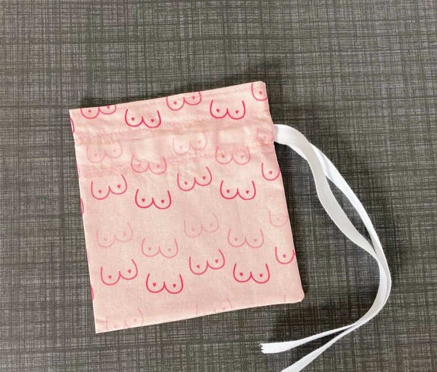Pink Booby Print Cotton Fabric Drawstring Gift Bag: Reusable XS Present Wrap.