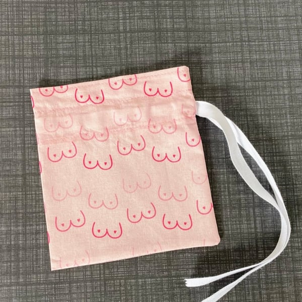 Pink Booby Print Cotton Fabric Drawstring Gift Bag: Reusable XS Present Wrap.