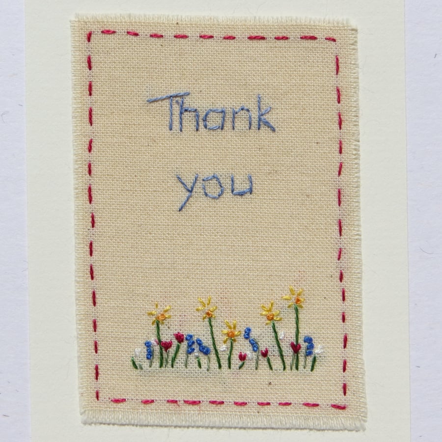 Embroidered by hand Thank You card, lovely to send and lovely to receive