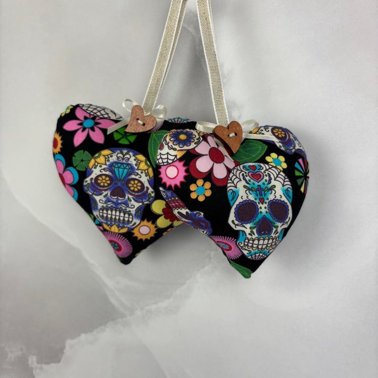 Handmade candy skulls hanging heart set with loop button and ribbon trim