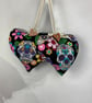 Candy skulls hanging heart set, with loop button and ribbon trim, Handmade - Image 1