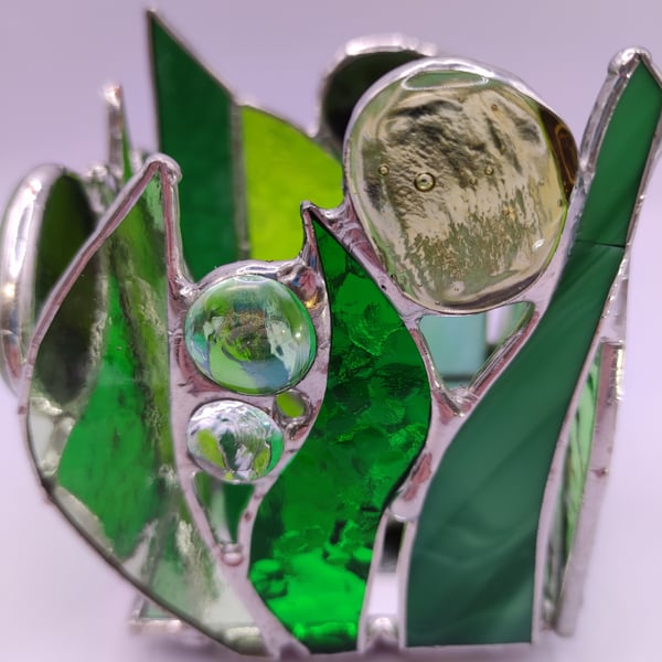 Hand made stained glass, candle holder, emerald, leaf green 