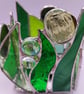 Hand made stained glass, candle holder, emerald, leaf green 