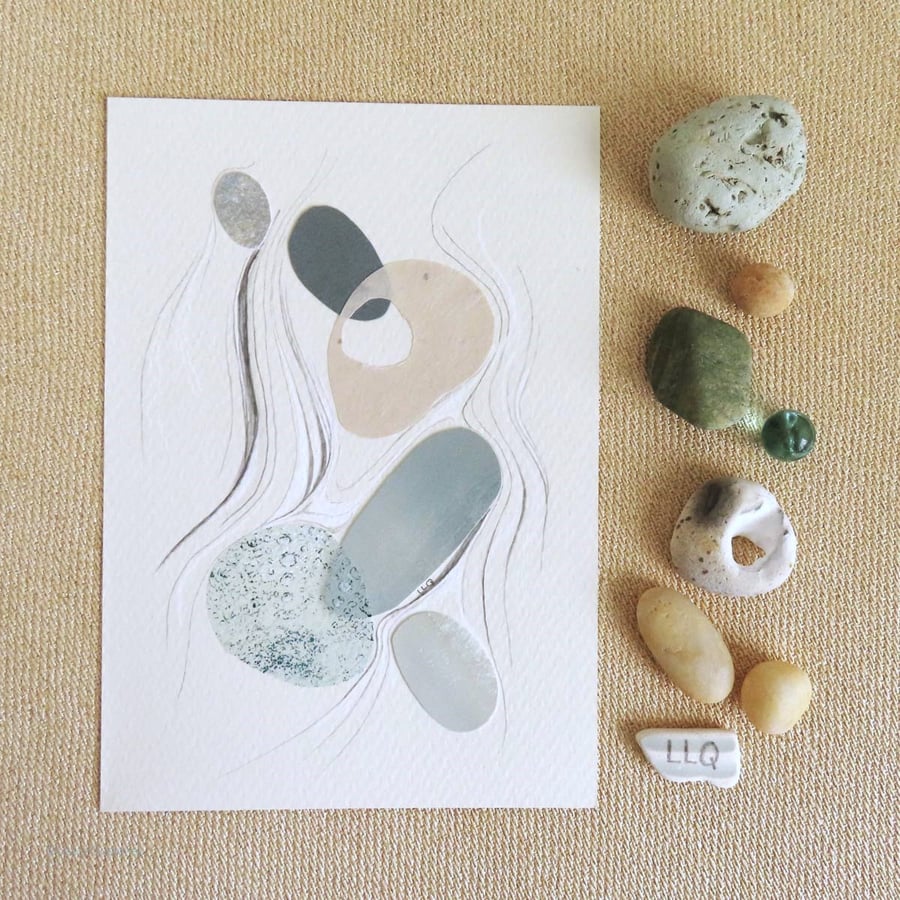 Original collage and mixed media abstract pebbles on the shore portrait format