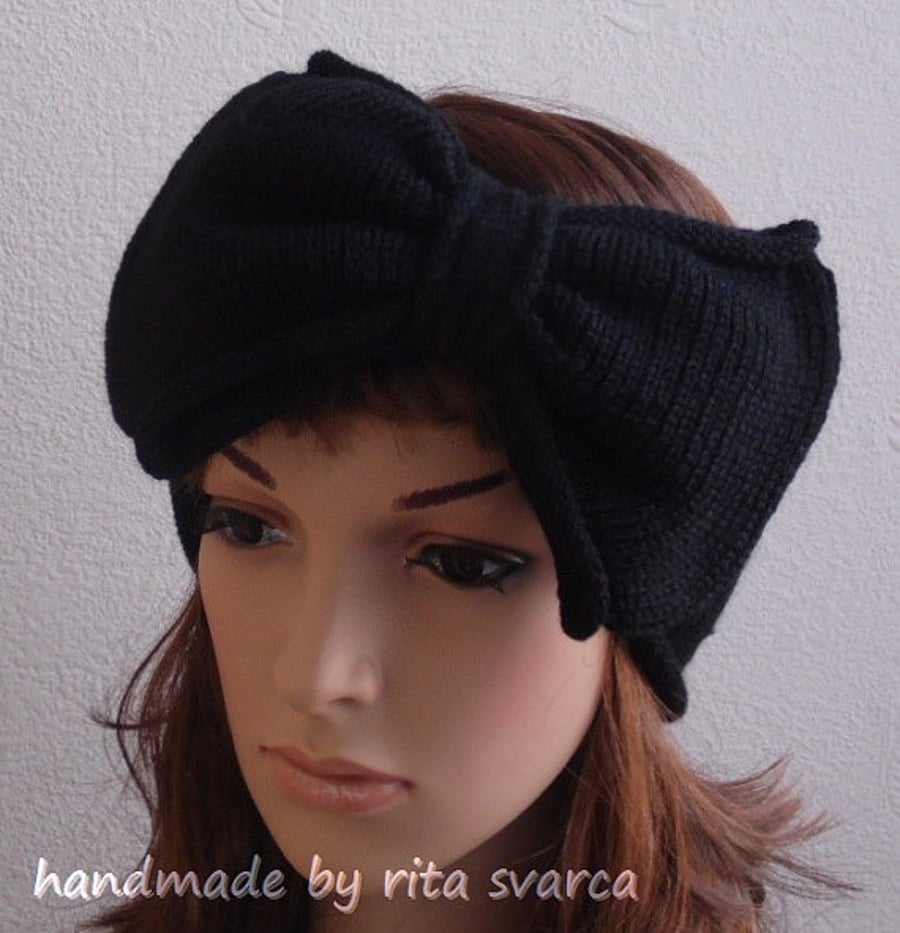 Large bow headband, handmade knitted black bow headband, wide headband
