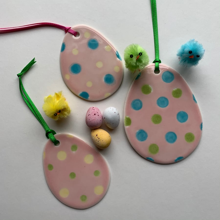 Easter Egg Porcelain Hanging Decoration - Pinks with Yellow, Blue and Green dots