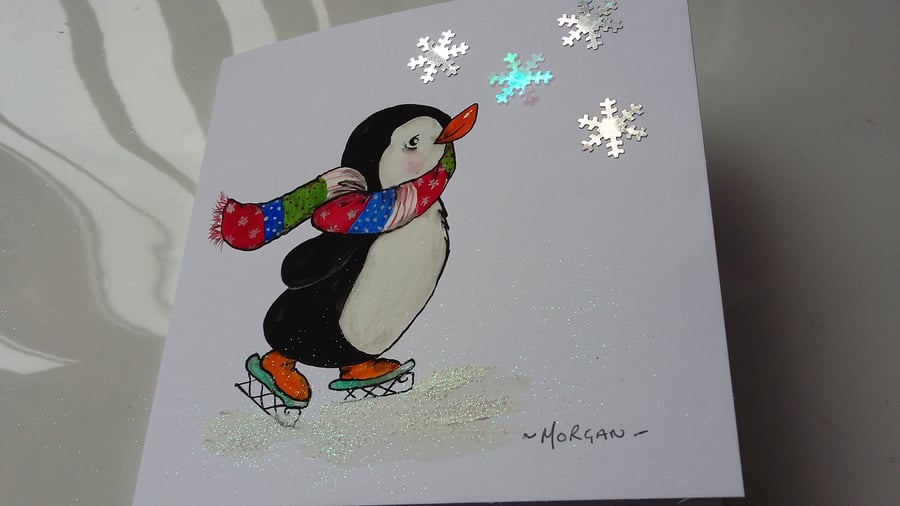 HAND PAINTED CHRISTMAS CARD WITH PENGUIN