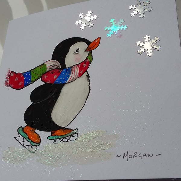 HAND PAINTED CHRISTMAS CARD WITH PENGUIN