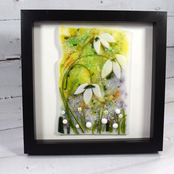 Handmade Fused Glass Springtime Decor Wall art with Snowdrops.