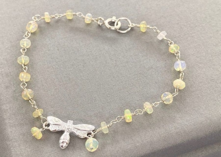 Dainty Ethiopian Opal Delicate Sterling Silver Dragonfly Bracelet