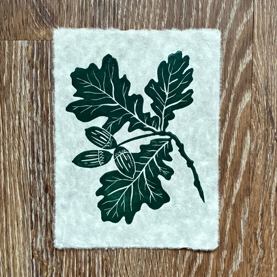 PERFECTLY IMPERFECT Oak leaf and acorn original linocut print in forest green