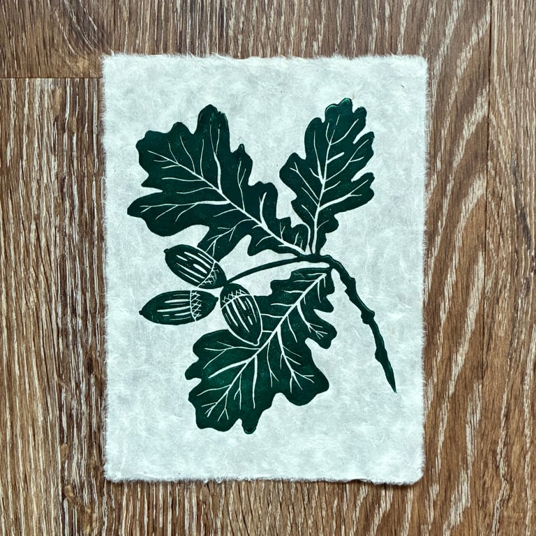 PERFECTLY IMPERFECT Oak leaf and acorn original linocut print in forest green