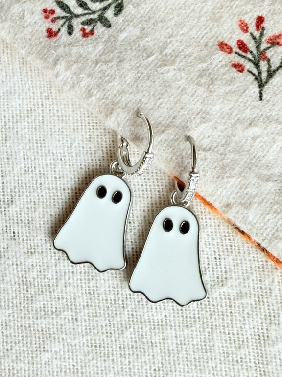 Silver hoop dangling ghost earrings 