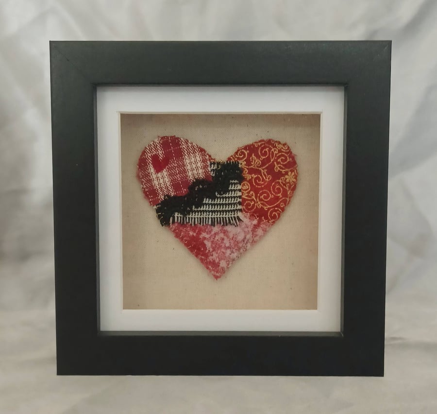 Red Textile Hand Sewn Heart in a Black Box Frame