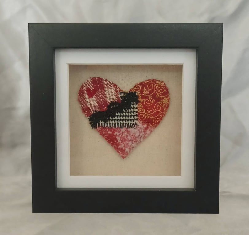 Red Textile Hand Sewn Heart in a Black Box Frame