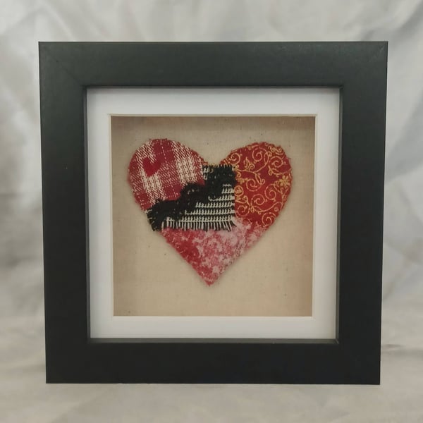 Red Textile Hand Sewn Heart in a Black Box Frame