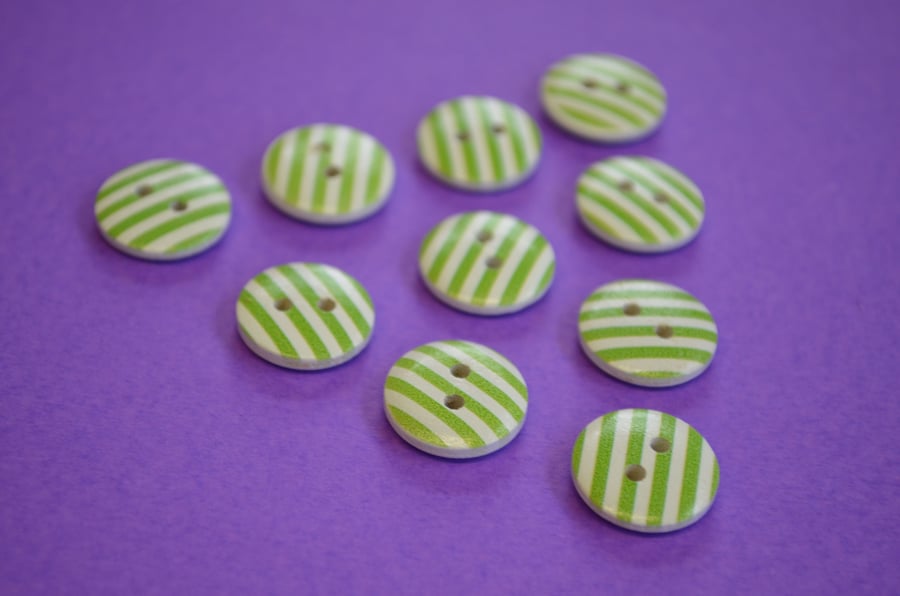 15mm Wooden Striped Buttons Green White 10pk Stripe Stripey (SST9)