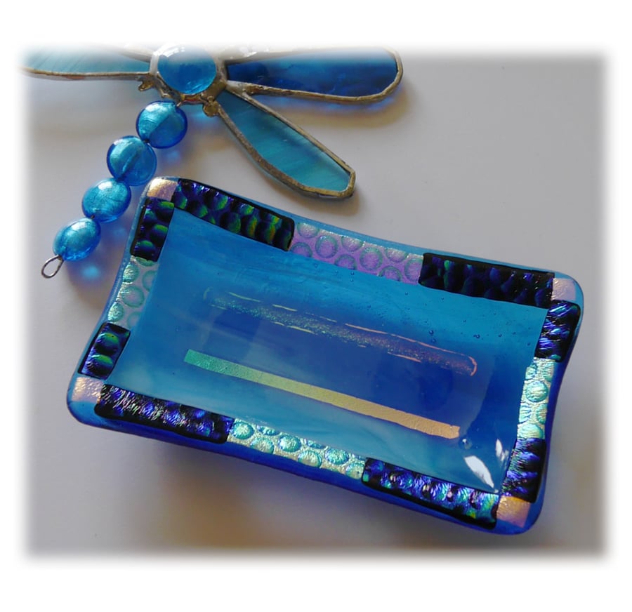 Soap Dish Fused Glass Turquoise dichroic decorated 014
