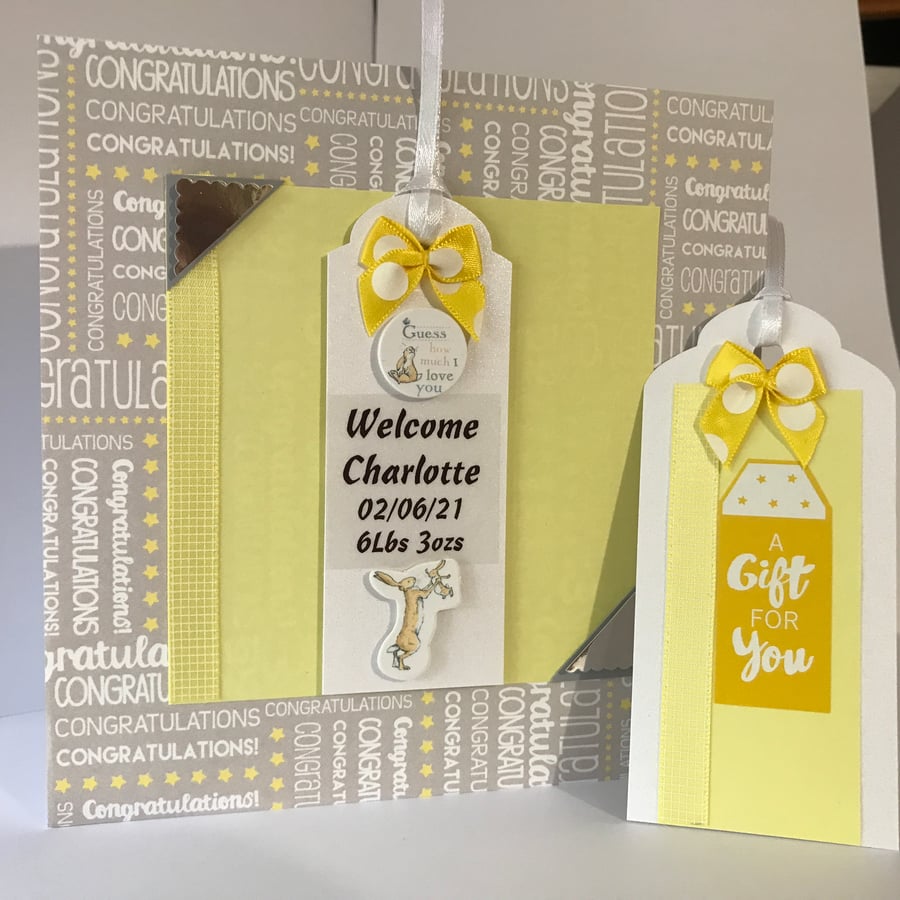 Handmade New Baby Personalised Girl Boy card 6 x 6 ins Matching Gift tag  