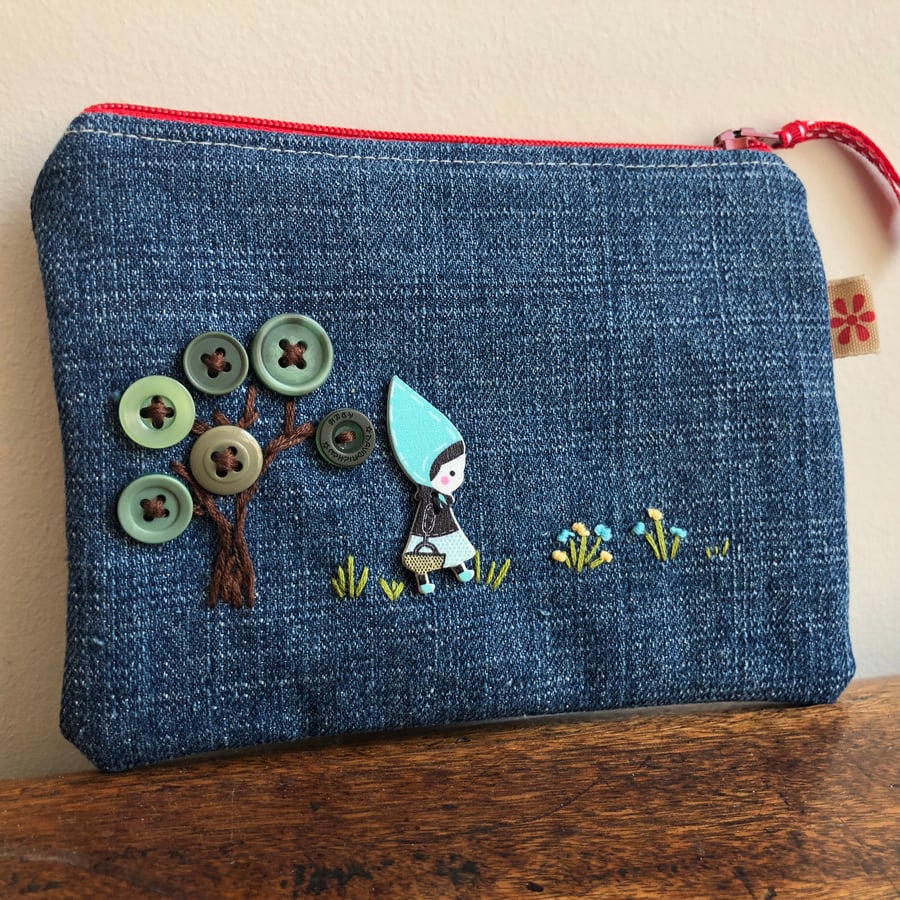 Button and embroidery recycled denim purse