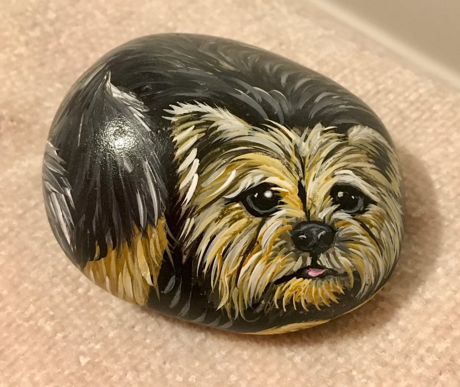 Dog terrier hand painted pebble garden rock art pet stone portrait 