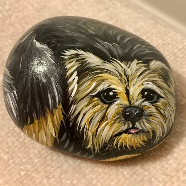 Dog terrier hand painted pebble garden rock art pet stone portrait 