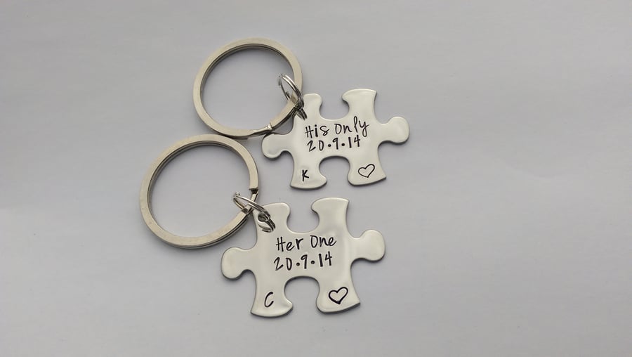 Hand Stamped personalised puzzle jigsaw piece keyrings Her One, His Only